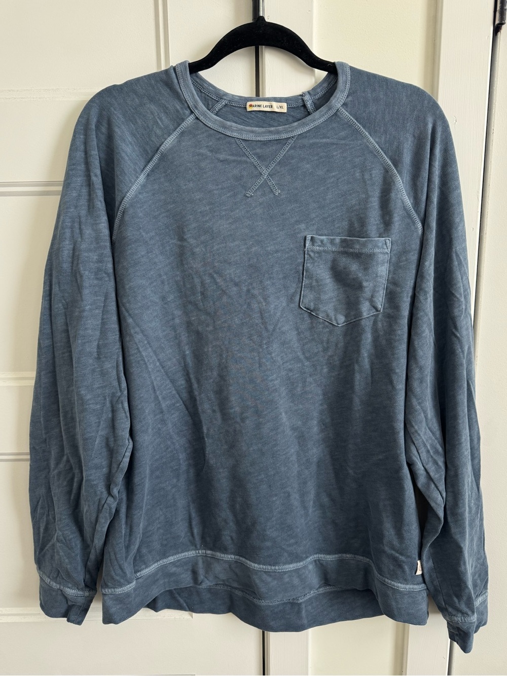 Marine Layer Heavy Slub Raglan Garment Dyed Blue Long Sleeve Sweatshirt
